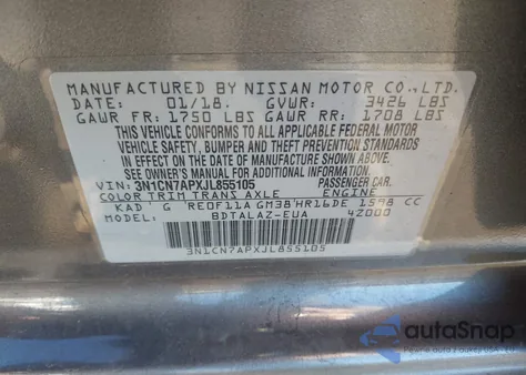2018 Nissan Versa 1.6 S+ from USA, damaged, VIN 3N1CN7APXJL855105